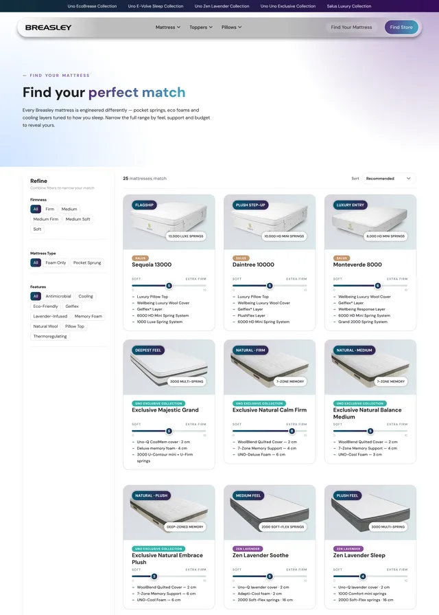 The mattress finder — filters guiding choice