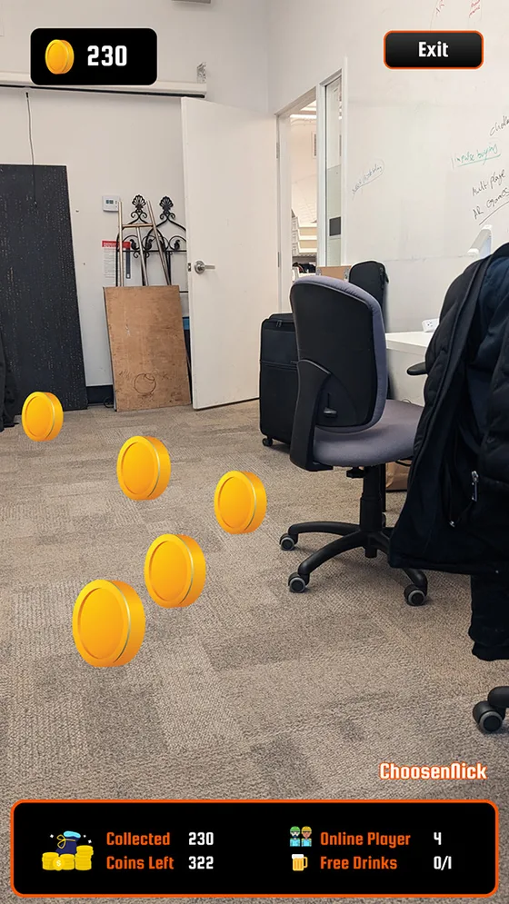 Gameplay — virtual coins floating in the physical space with a score HUD