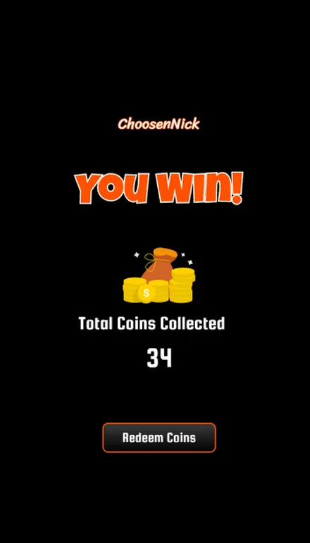 Winner screen — total coins collected, redeem against purchase