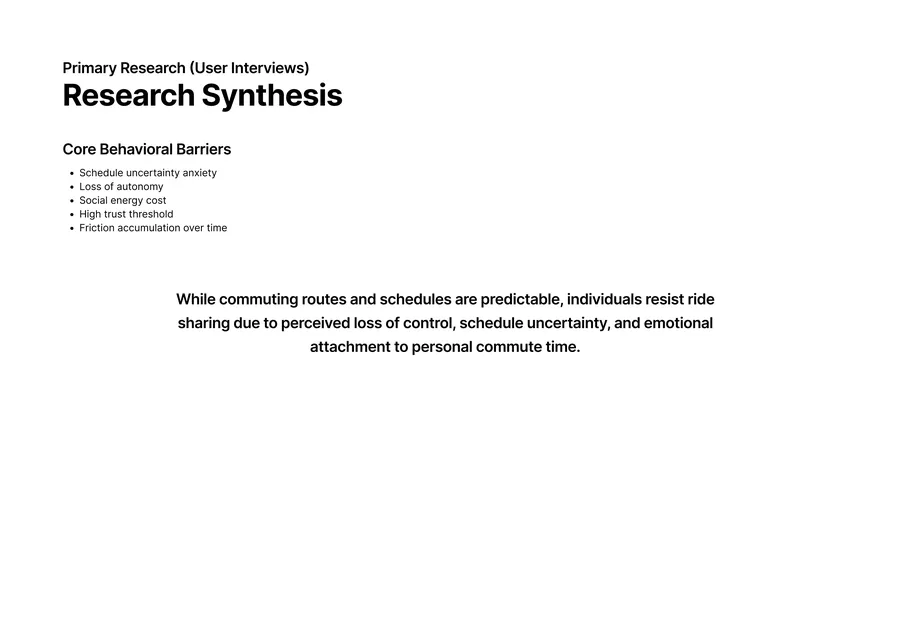 Research synthesis — people resist ride sharing due to perceived loss of control, schedule uncertainty, and emotional attachment to their commute