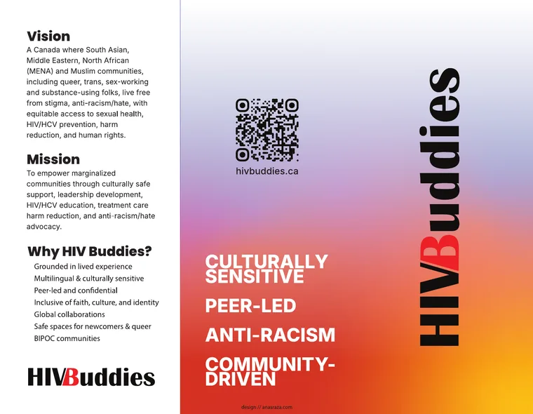 HIV Buddies brochure — culturally sensitive, peer-led, anti-racism, community-driven