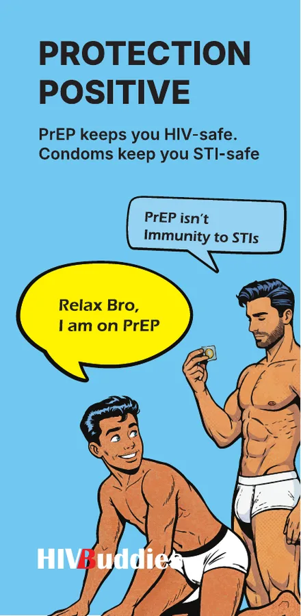 Postcard: Protection Positive — PrEP keeps you HIV-safe, condoms keep you STI-safe