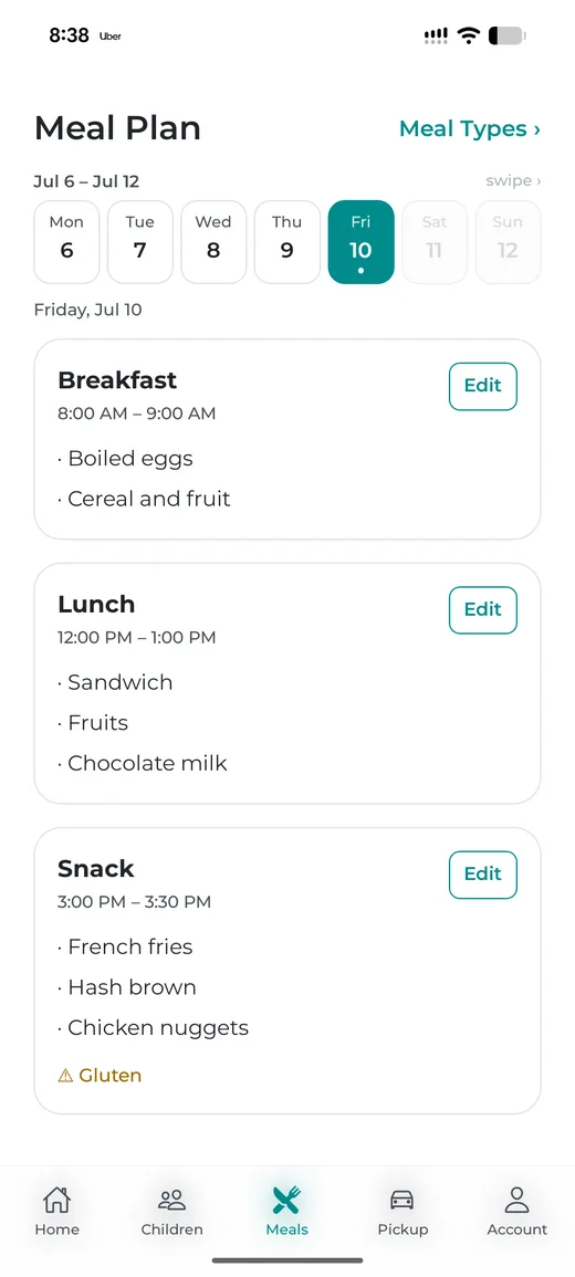 Meal plan screen with date row