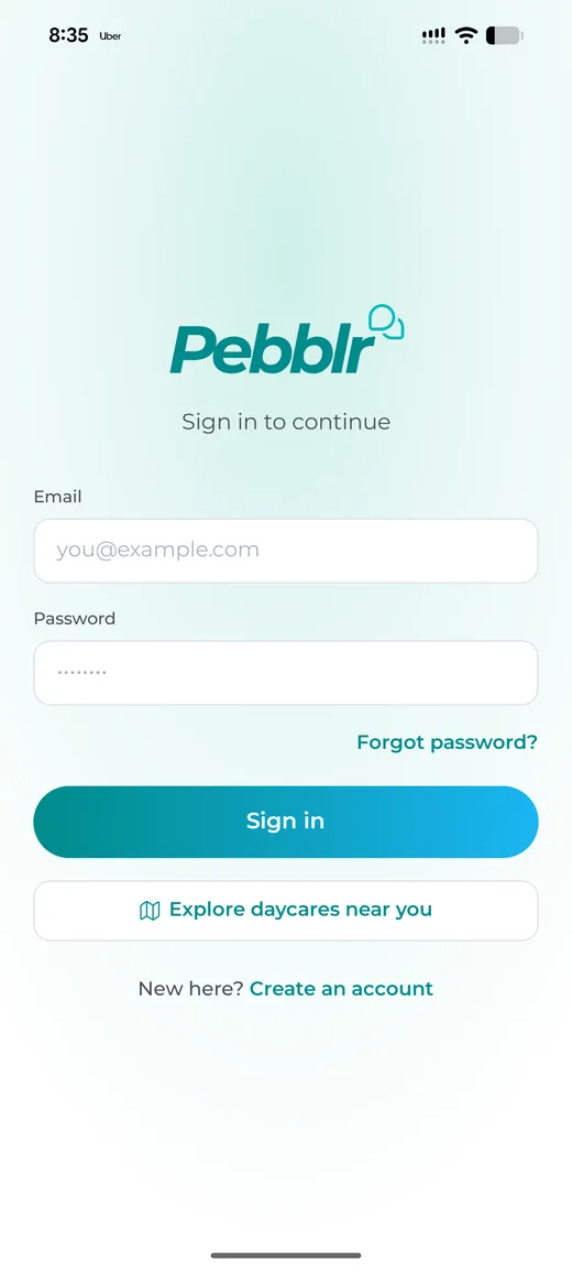 Pebblr sign-in screen